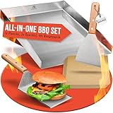 HEIMZONE® Plancha Grillplatte [40x30 cm] - Edelstahl-Platte mit auslaufsicheren Ecken & Grillzubehör [2x Grill-Spachtel & 40x Burger-Papier] - für jeden gängigen Holzkohle- oder Gasgrill