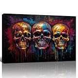 FajerminArt Graffiti Bunter Totenkopf Leinwand Bilder mit Rahmen Weinlese Skelett Bild auf Leinwand Bild Wandbilder XXL Kunstdruck Deko für Wohnzimmer Schlafzimmer fertig zum Aufhängen 90x60cm