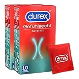 Durex Gefühlsecht Slim Kondome – Dünne Kondome mit schmaler Passform & mit Silikongleitgel befeuchtet– 2er Pack (20 Stück)