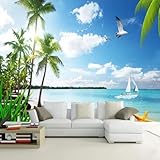 Tzxztt Blauer Himmel Weiße Wolken Meer Segelboot Kokospalmen Moderne 3D Tapete Hochwertige Strukturierte Seide Neutrale Material Ideal Für Wohnzimmer Schlafzimmer-300cm×210cm