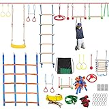 Zlinke Ninja Warrior Hindernisparcours für Kinder - 18m×2 Ninja Slackline und 11 langlebige Hindernisse - Outdoor-Trainingsparcours im Hinterhof mit Schaukel, Netz und Leiter zum Klettern, Turnen