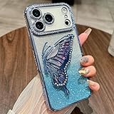 Changjia Schutzhülle für iPhone Pro Max mit Glitzer-3D-Schmetterling, niedlich, luxuriös, glitzernde Strasssteine, flüssig, mit Kameralinsenschutz, für Damen und Mädchen, 17,5 cm (6,9 Zoll), Blau