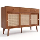 Azkoeesy Rattan Sideboard Kommode mit 3 Schubladen und 3 Schiebetüren aus Rattan,120x 40x78cm, Massivholzbeine, Goldener Metallgriff, für Wohnzimmer und Flur (nussbaumfarben)