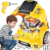 JONRRYIN Auto Schrauben Kinder mit Bohrmaschine, Großer Traktor zum Schrauben Spielzeug Set mit Licht und Sound, Motorblock Reparatur-Funktionen, Lernspielzeug Geschenke Jungen Geburtstag 3-8 Jahre