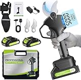 40mm Elektrische Gartenschere Professionelle mit SK5-Klinge, Bürstenlos Akku Astschere mit 2x 21 V/2000 mAh Batterien, Digitalanzeige, Verlängertem Kabel, Elektrische Astschere für die Gartenarbeit