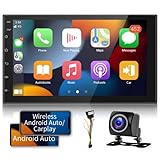 Android Doppel-Din Autoradio Navi mit Carplay Wireless Android Auto 7 Zoll Bildschirm Touchscreen 2 Din Bluetooth/GPS Navigation/FM RDS Radio Car Multimedia Player, WiFi/USB/Rückfahrkamera