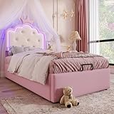 Zenithpath Kinderbett Mädchen 90x200cm mit Stauraum,Polsterbett mit Lattenrost und Kopfteil Prinzessin Hydraulisch Bett PU Ohne Matratze,Rosa-1