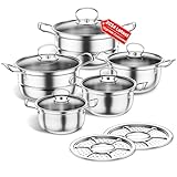 Topfset aus Edelstahl, Großes Kochgeschirr Induktion-Kochtopf-Set, Töpfe mit Glasdeckel und Stielkasserolle, 12-teilig, Töpfe Set Geeignet für alle Herdarten (silver grey)