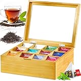 ZQEJEFD Teebox, Teebox aus Holz mit 12 Fächern,Teebeutel Aufbewahrungsbox,Teekiste mit Sichtfenster 28 x 22.5 x 9 cm,Flexibel Einstellbare Fächer,Teebeutelbox für Aromageschützte Aufbewahrung von Tee