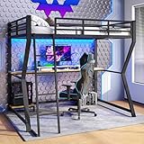 Merax Hochbett mit Schreibtisch 90x200 cm, Kinderbett Stockbett mit fernbedienbarem Ambientelicht, Steckdose + USB, Metallbettgestell mit Sicherheitsgeländer und Leiter für Kinder/Erwachsene, Schwarz