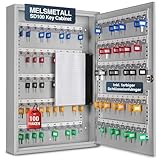 Melsmetall Schlüsselkasten SD100 – Schlüsselschrank mit 100 Haken, robuste Schlüsselbox aus Stahl, abschließbarer Safe, magnetische Außenseite, höhenverstellbare Leisten, Wandmontage (55x38x8cm)