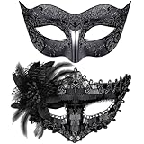SIQUK 2 Stück Venezianische Masken für Paar - Maskerade für Damen Herren, Halloween, Karneval Party Kostüm, Schwarz