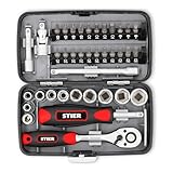 STIER Steckschlüssel- und Bit-Satz, 38-teilig, Umschaltknarre 1/4 Zoll, Sechskant-Steckschlüsseleinsatz 1/4 Zoll, Innensechskant- Phillips- Schlitz-Bits