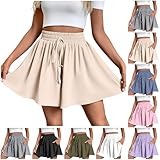 Rock Damen Sommer Kurz Strandhose Stretch Hohe Taille Hosenrock Fließend Culotte Shorts mit Taschen Weites Bein Sommerhose Leicht Urlaub Kurze Hose