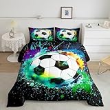 jejeloiu Fußball-Bettwäsche-Set für Kinder, Queen-Size-Größe, buntes Bettwäsche-Set für Jungen, Mädchen, Teenager, Dekoration, Fußball-Muster, Trösterdecke, Sportmotiv-Bettwäsche-Set, Schlafzimmer