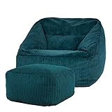 Icon Natalia Sitzsack Sessel mit Hocker für Erwachsene, Blaugrün, Flauschiger Cord Stoff, Riesen Sitzsack Cord mit Füllung, Bean Bag Chair, Bequemer Sessel Wohnzimmer, Lounge, Schlafzimmer, Büro