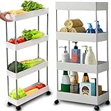 Retoo Rollwagen mit 4 Ebenen, Küchewagen auf Rollen, Nischenregal, Badregal, Aufbewahrungsregal, Regal für Küche, Badezimmer, Schlafzimmer, Büro, Kinderzimmer, 87 x 13 x 40 cm, Weiß