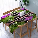 UREJD Tischdecke Abwaschbar Rechteckig 152x228 cm Polyester Tischtuch Tafeldecke Ornamente Schmutzabweisend Pflegeleicht,Spa – mit Orchideen, Steinen, lila Orchideen, Kieselsteinen und Wasserreflexi