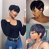 Fereowth Kurzes Echthaar Perücken für Damen Pixie Cut Perücken mit Pony Premium Duby Echthaar-Perücke Kurz Gerade Perücken Schwarz Short Pixie Cut Human Hair Wig