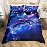 feelingyou Delfine Bettwäsche-Set,Schönes Ozeantier Bettwäsche Set 135x200cm,Lila Blaue Planeten Betten Set für Kinder Jungen Mädchen Teenager 2St.Reißverschluss Mikrofaser