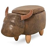 HOMCOM Buffalo Shaped Storage Pouf, Fußhocker Fußbank mit Holzrahmen und gepolstertem Sitz, 62x35x36cm, Braun