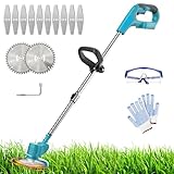 Akku Rasentrimmer, Ersatz für Makita 18V BL1850,10 X Metallklinge, 2 X Kreissägeblätter, 90° Drehbarer, Verstellbarer Teleskop-Führungsholm für Gärten, Rasenflächen, Büsche (Ohne Akku)