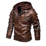KUKICAT Herrenjacke mit Kapuze, Lederjacke, Bikerjacke, Winter, Oversize, Retro, warm, Lederjacke, plus Samt, Langarm, Jacke, Biker-Look, Slim Vintage, Motorradjacke, lässig, braun, XL