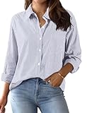 Xnova Bluse Damen Langarm Gestreifte, V Ausschnitt Button Down Hemd Oberteile Tops Baumwolle Streifenbluse, Elegante Hemdbluse Blusenshirt Casual Büro Basic Shirt Business Outfit (Blau, M)