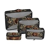 Goldenes Lilien-Design mit Blumen, Vintage-Hintergrund, 4er-Set, Packwürfel, Reiseverpackungs-Organizer, 600D Oxford-Stoff, Kulturbeutel, Gepäck-Netztaschen für Zubehör