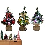 Beleuchteter Weihnachtsbaum für den Tisch, 3 x beleuchteter Weihnachtsbaum, grüne kleine Festivallichter mit Jute-Basis für Zuhause, Urlaubsdekoration
