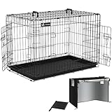 VOUNOT Hundekäfig Klappbar mit Abdeckung, Hundebox Auto Hundetransportkäfig mit Doppeltüren, 2 Transportgriffen & Bodenschale, L 92x58x64 cm, Schwarz