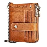 Geldbörse Herren Echtem Leder Brieftasche Herren RFID Schutz Portemonnaie Klein mit Kette, Ledergeldbörse Geldbeutel Männer 19 Kartenfächern und Portmonee Herren Reißverschluß Münzfach (braun) …