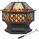 Yaheetech Ø 61cm Feuerschale mit Funkenschutz, Sechseckige Feuerstelle, Multifunktional Feuerkorb, Fire Pit, Feuerschalen für den Garten, Winter Heizung, Terrasse, Lagerfeuer und Camping