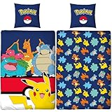 Pokémon Kinder Wende-Bettwäsche Pikachu Glurak Bisaflor Turtok 135x200 cm + 80x80 cm 100% Baumwolle Renforcé-Linon Kanto Starter Nintendo Anime Gaming Deutsche Größe