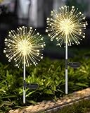 Joysing Gartendeko Solar Gartenleuchte Außen, 2 Stück 120 LED Solarleuchten Feuerwerk, 8 Modi Solar Pusteblume Gartenstecker Wasserdicht Solarlampen für Garten Balkon Terrasse - Warmweiß