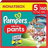 Pampers Windeln Paw Patrol Pants Größe 5 (12-17kg) Baby-Dry, Junior mit Stop- und Schutz Täschchen, MONATSBOX, 160 Höschenwindeln