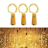 Jsdoin (3 Stück) Flaschenlicht Batterie,Flaschenlichterkette Korken, 2M 20LED Glas Korken Licht Lichterkette mit Batterie für Weihnachten, DIY-Tischdekoration, Innen- und Außendekoration (warmweiß)