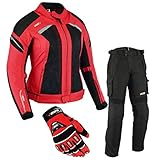 BOSmoto DAMEN MOTORRADKOMBI JACKE + HOSE + HANDSCHUHEN - BIKE MOTORRAD ROCKER TOURING in verschiedenen farben (S, Rot)