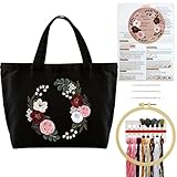 Turmaster Stickerei Set mit Canvas Tote Bag, Stickset für Anfänger, Sticken Set Erwachsene mit Blumenmuster,Stickrahmen,Fäden und DIY Stickerei Werkzeuge，Schwarz