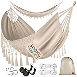 KESSER® Hängematte 320x150 cm belastbar bis 300 kg, wetterfeste & atmungsaktive Tuchhängematte mit Fransen für 1-2 Personen – Ideal für Camping, Garten & Outdoor, inkl. Beutel, Seile & Gurte, Beige