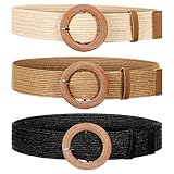 HOMSFOU 3 Stück Gewebte Boho Gürtel Damen Breiter Elastischer Taillengürtel mit Runder Schnalle Verstellbarer Jeans und Kleidergürtel Kunststoff Weiß Khaki Schwarz