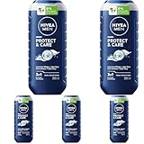 NIVEA MEN Protect & Care Duschgel, pH-hautneutrale Pflegedusche für Männer, pflegende Formel mit natürlichem Aloe Vera für Körper, Gesicht und Haar (250 ml) (Packung mit 5)