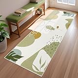 Grün Teppich Läufer Flur Rutschfest 60x180cm, Modern Teppichläufer Innen Kurzflor Weich, Boho Waschbare Läufer Küchenteppich, Teppiche Vorzimmer Eingangsbereich Schlafzimmer Küche Korridor Wohnzimmer