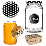 KADAX Honiggläser 900ml, Einmachgläser mit fi82 mm Schraubdeckel, Gläser für Honig, Marmeladengläser, Schraubgläser, Einkochgläser (Schwarz gepunktet, 8 Stück)
