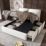 Rtopsu Polsterbett Doppelbett 140x200 cm mit 3 Stauraum Schubladen, Bett mit Stauraum und Kopfteil, Stauraumbett mit Hydraulische Metallrahmen und Lattenrost aus Holz, Samt, Beige, Ohne Matratze