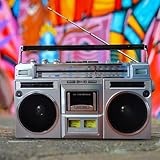 Retro-Kassette, 80er-Jahre-Stil, Bluetooth-Kassettenspieler mit AM/FM-Radio, unterstützt SD/USB-Eingang, konvertiert Kassetten auf USB/SD (Silber)