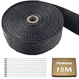 Hitzeschutzband, Foneso 15M Hitzeschutzband Auspuff Schwarz mit 12 Edelstahl Kabelbinder, für Motorrad Fächerkrümmer Thermoband Krümmerband