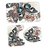 MAGICLULU Teiliges Badezimmer Teppich Set mit Schmetterlingsmuster rutschfeste Wc Vorleger mit Weicher Oberfläche Saugfähige Badematte Waschbar und Elastisch für Bad und Wc