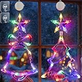 Weihnachtsbeleuchtung Innen 2 Stück 30 LED Weihnachtsdeko Fenster Batteriebetriebene mit Timer 2 Modi Saugnäpfe Lichtervorhang LED Sterne Weihnachtsbaum Glocke für Weihnachten Deko Party RGB