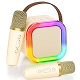 Ankuka Mini Bluetooth Karaoke Maschine, 2024 Spielzeug Karaoke mit 2 Mikrofonen für 4, 5, 6, 7, 8, 9, 10, 12 Jahre alte Mädchen Geburtstagsparty, mit LED-Umgebungsbeleuchtung. (Beige)